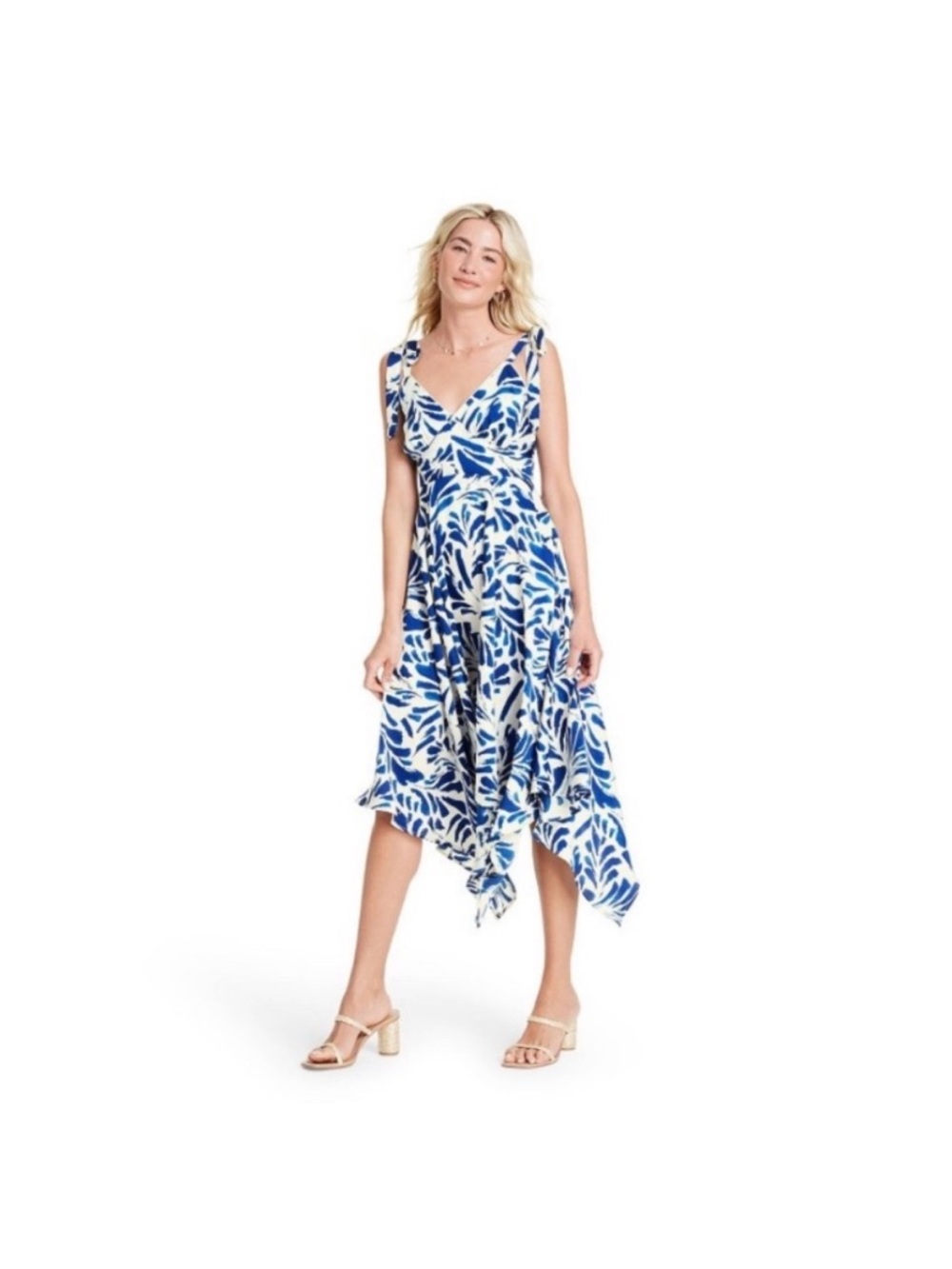 Blue and White Leaf-Print Tie-Shoulder Midi Dress with Smocked Back